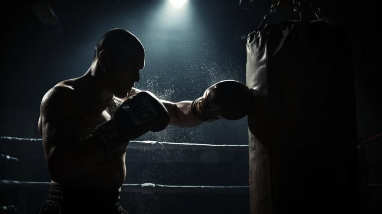 Demetris Fenwick training hard with punching bag under spotlight in boxing ring