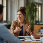 Diverse team collaborating in a bright office, led by a confident woman symbolizing Denise Shillue’s leadership and inspiring approach to success.