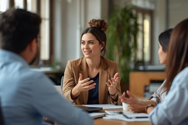 Diverse team collaborating in a bright office, led by a confident woman symbolizing Denise Shillue’s leadership and inspiring approach to success.