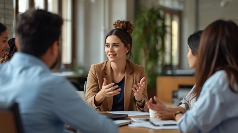 Diverse team collaborating in a bright office, led by a confident woman symbolizing Denise Shillue’s leadership and inspiring approach to success.
