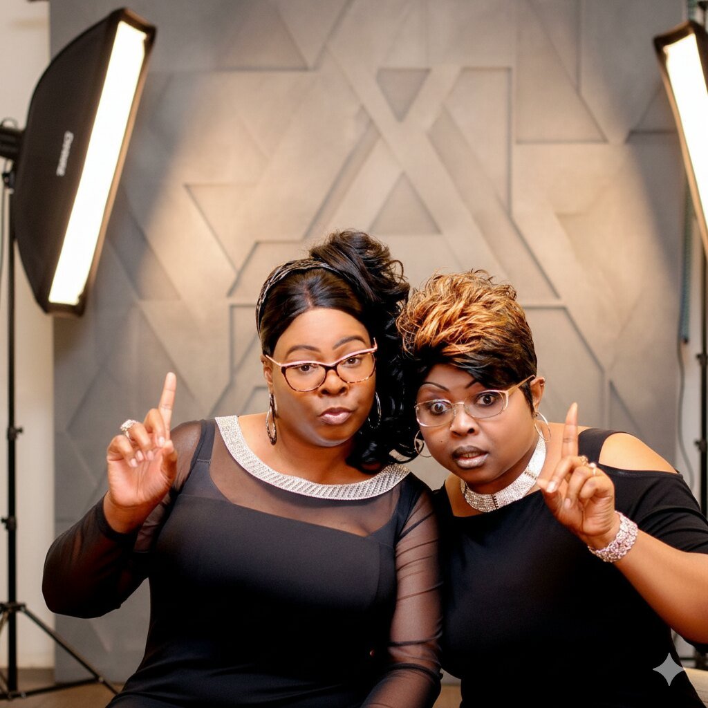 Diamond and Silk posing together during a photoshoot, representing their brand and discussing diamond and silk net worth.