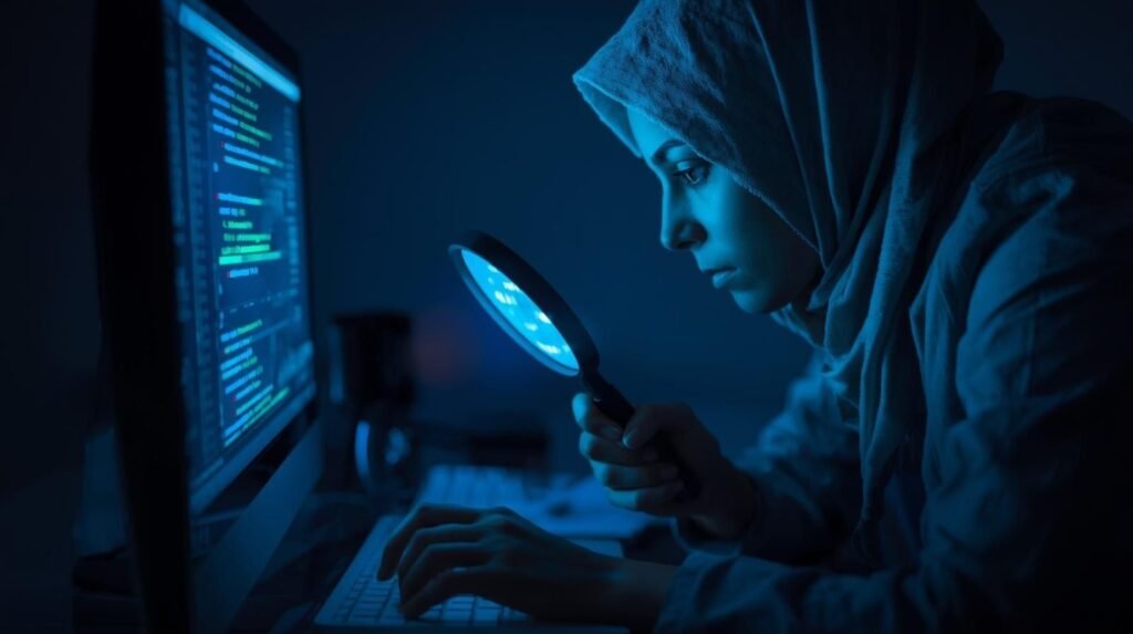 A digital detective examining the domain sunwin acceletronics.us.com using a magnifying glass over a computer monitor showing WHOIS details, in a cyber blue-toned setting.
