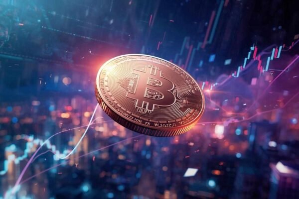 Shiny dild0begginz coin floating over digital charts showing crypto growth and volatility.