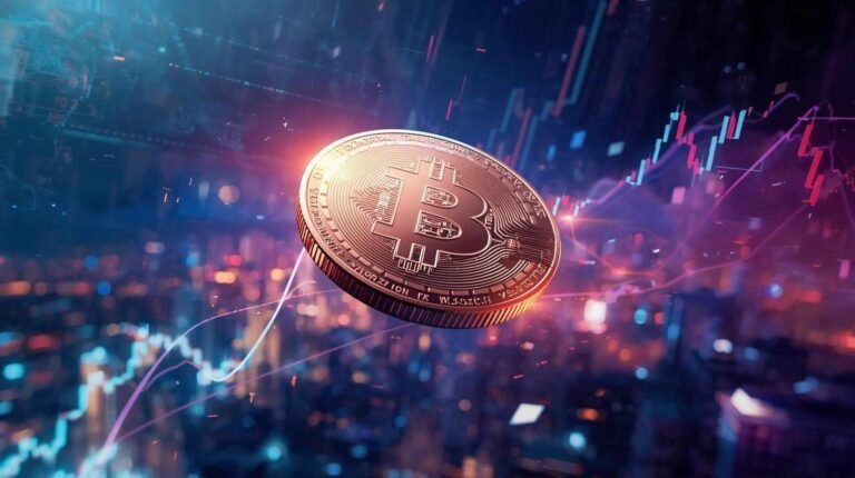 Shiny dild0begginz coin floating over digital charts showing crypto growth and volatility.