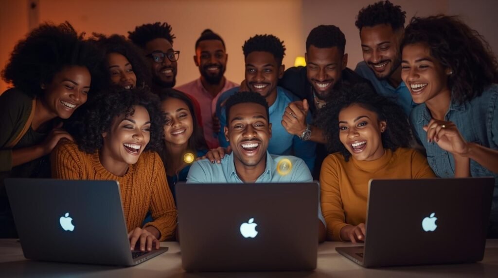 Diverse group of people celebrating income growth while using Earnoflex on laptops, surrounded by financial success symbols.