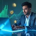 Man using laptop to track income growth through Earnoflex, surrounded by digital dollar symbols and rising financial charts in a modern office.