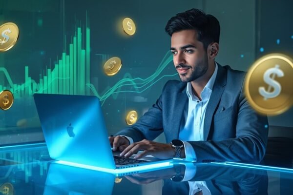 Man using laptop to track income growth through Earnoflex, surrounded by digital dollar symbols and rising financial charts in a modern office.