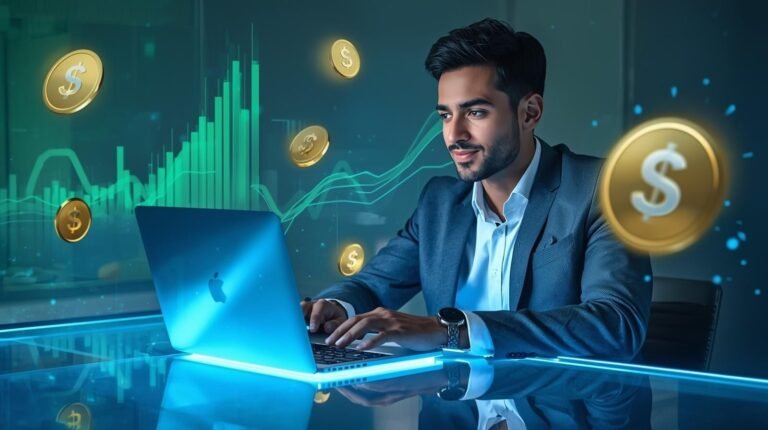 Man using laptop to track income growth through Earnoflex, surrounded by digital dollar symbols and rising financial charts in a modern office.