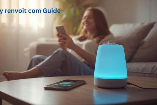 Woman using phone with smart device connected through renvoit com app at home