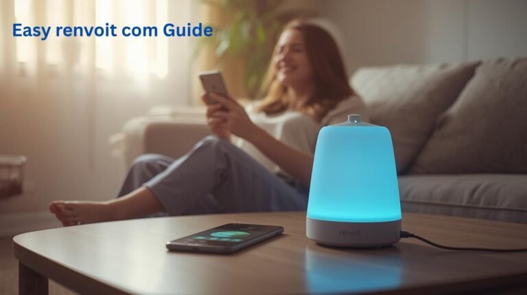 Woman using phone with smart device connected through renvoit com app at home