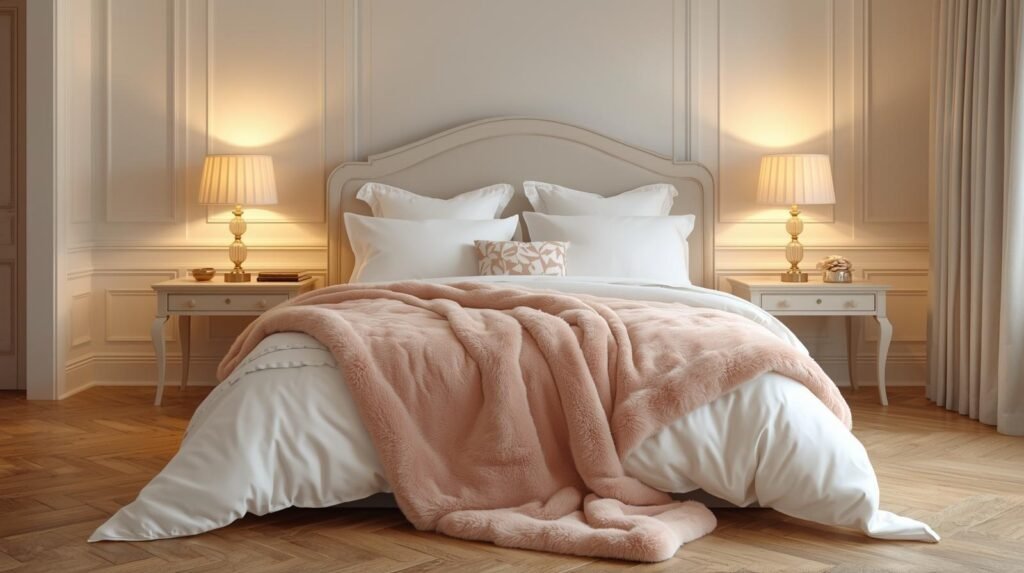 Elegant bedroom decor featuring white bedding and a soft pink chinchilla-patterned blanket at the foot of the bed, styled with gold lamps and warm pastel tones — decoration pink chinchilla pattern tw2gte.