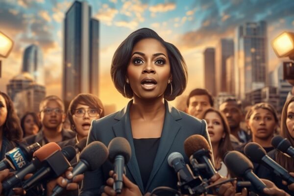 Major Update: Folakemi Akiniyan Surprises Everyone Confident African woman at press conference representing Folakemi Akiniyan during a major public announcement in front of cameras and media.