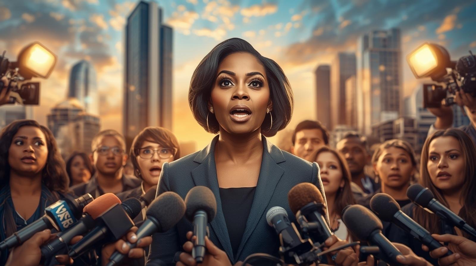 Confident African woman at press conference representing Folakemi Akiniyan during a major public announcement in front of cameras and media.