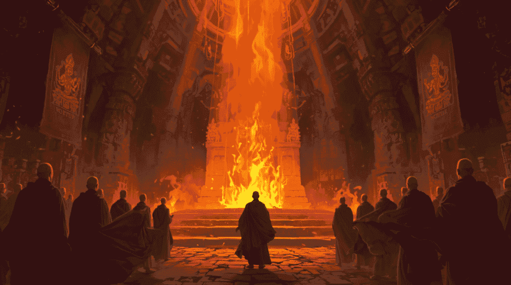 Ancient Fire Monks praying before a glowing flame altar inside Fort Laiedd, surrounded by ember light, ruined banners, and mystical carvings in Elden Ring.
