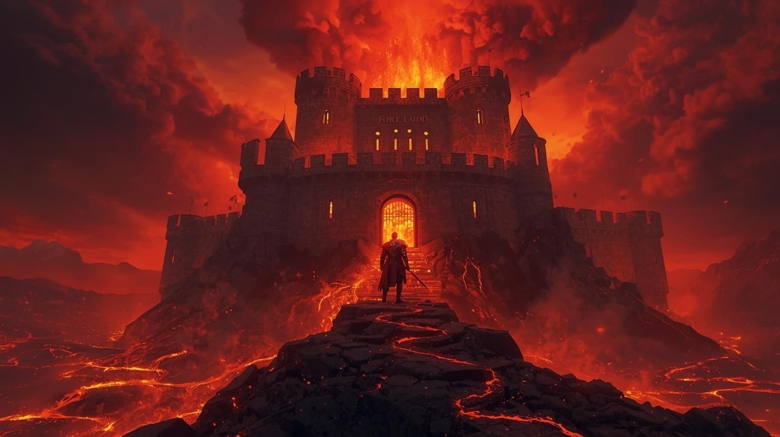 Fort Laiedd fortress atop a volcano surrounded by molten lava and smoke, with a lone Tarnished warrior standing before the fiery gates in Elden Ring.