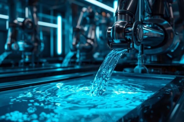 Magsorption Water Purification: The Next-Gen Magnetic Solution for Clean Water Futuristic lab with robotic arms performing magsorption water purification using magnetic filtration tanks and glowing blue light