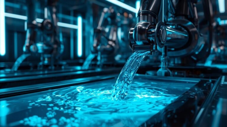 Futuristic lab with robotic arms performing magsorption water purification using magnetic filtration tanks and glowing blue light