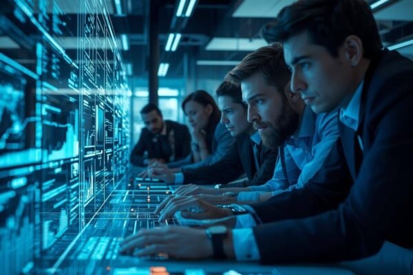 professionals analyzing holographic website wireframes and data charts in a futuristic office, representing a modern web development agency in action.