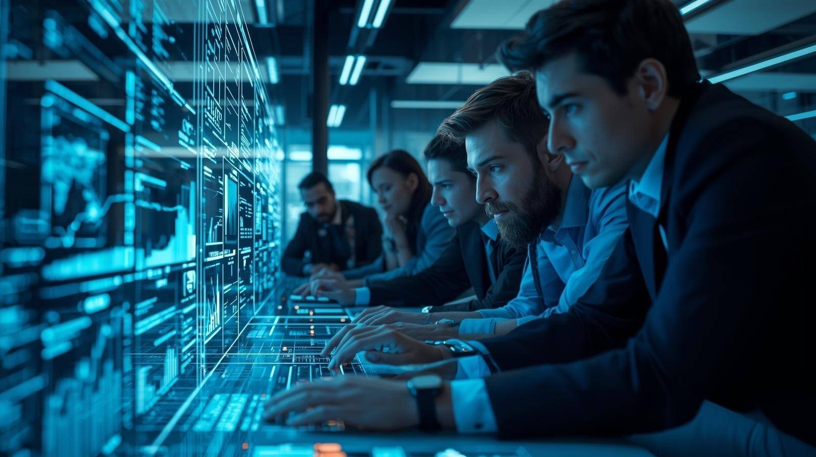 professionals analyzing holographic website wireframes and data charts in a futuristic office, representing a modern web development agency in action.