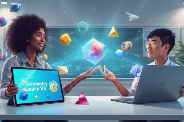 Digital classroom interface showing Geometry Learn V3 on tablet and laptop with 3D geometric shapes and holographic diagrams.