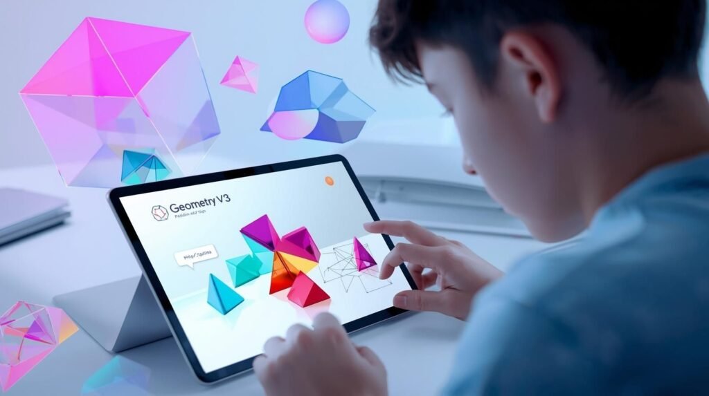 Student solving 3D geometry puzzles using Geometry Learn V3, surrounded by floating geometric shapes in a modern learning environment.