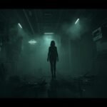 Silhouette of Grace Astrove Resident Evil walking through a dark Umbrella Corporation hallway filled with fog and eerie green lighting.