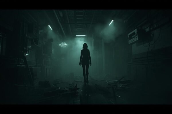 Grace Astrove Resident Evil: Uncovering the Mystery Behind the Hidden Character Silhouette of Grace Astrove Resident Evil walking through a dark Umbrella Corporation hallway filled with fog and eerie green lighting.