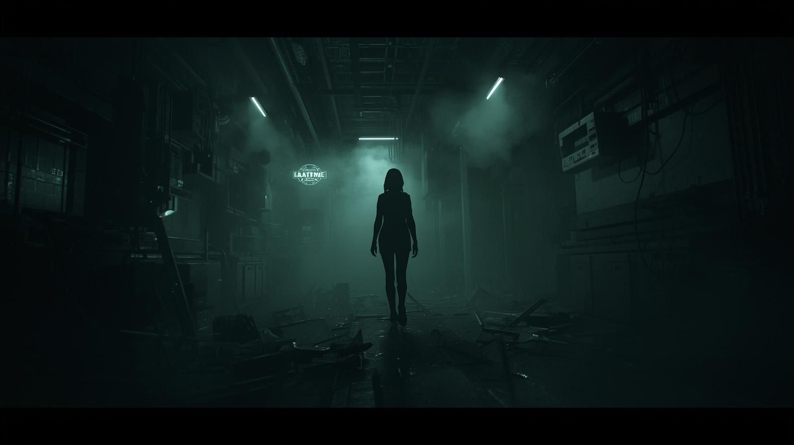 Silhouette of Grace Astrove Resident Evil walking through a dark Umbrella Corporation hallway filled with fog and eerie green lighting.