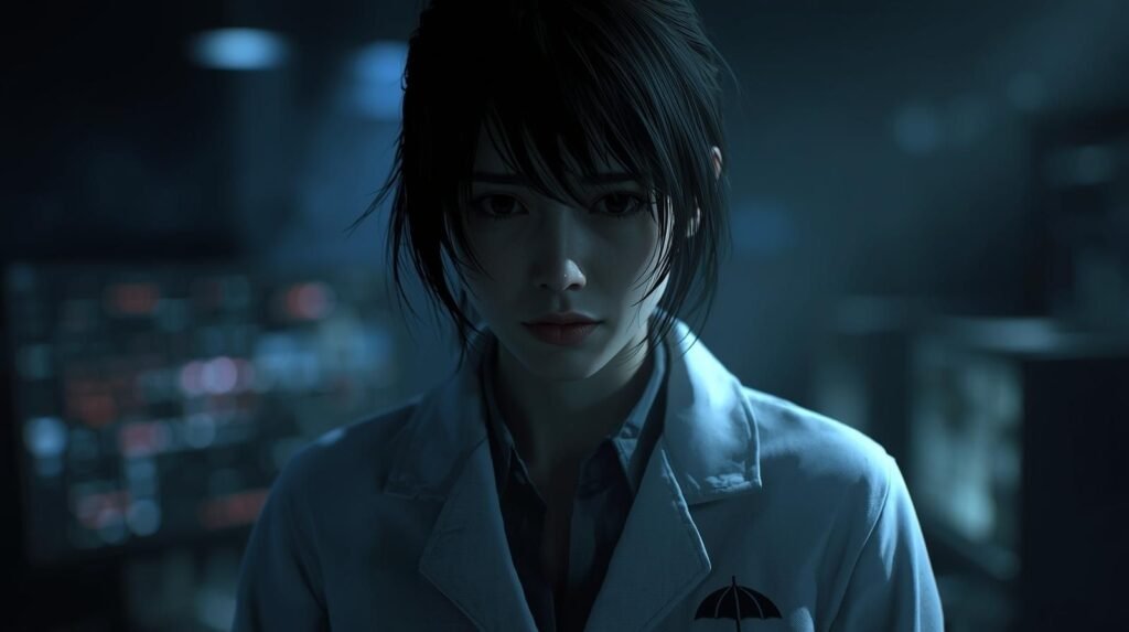 Portrait of Grace Astrove Resident Evil character, a mysterious scientist in a lab coat with Umbrella logo, standing in a dim laboratory with glowing monitors.