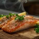Alaskan Seiti: The Underrated Super Fish Freshly grilled Alaskan Seiti fish fillets with lemon wedges and parsley on a rustic wooden board, steaming hot and ready to serve.