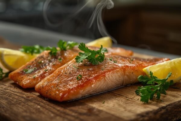 Alaskan Seiti: The Underrated Super Fish Freshly grilled Alaskan Seiti fish fillets with lemon wedges and parsley on a rustic wooden board, steaming hot and ready to serve.