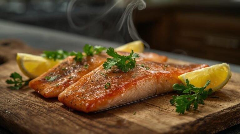 Freshly grilled Alaskan Seiti fish fillets with lemon wedges and parsley on a rustic wooden board, steaming hot and ready to serve.
