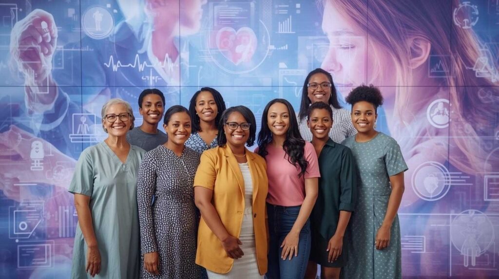 A group of diverse women smiling confidently in front of a digital health backdrop representing gynecube innovation in modern women’s wellness and care.