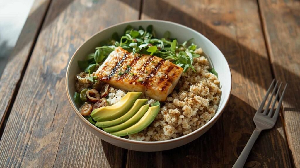 A healthy meal bowl featuring grilled Alaskan Seiti with quinoa, fresh greens, and avocado slices on a rustic wooden table in natural light.