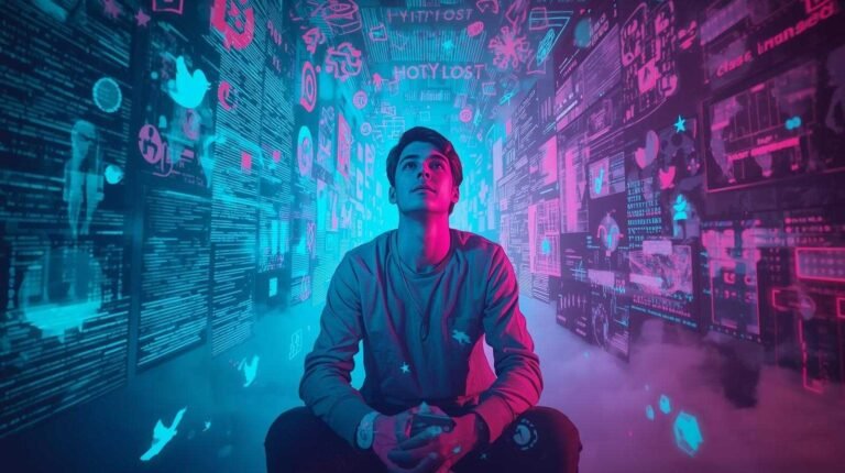 A surreal digital artwork depicting the hothaylost concept, showing a young creator surrounded by glowing holographic screens, glitch art, and internet symbols.