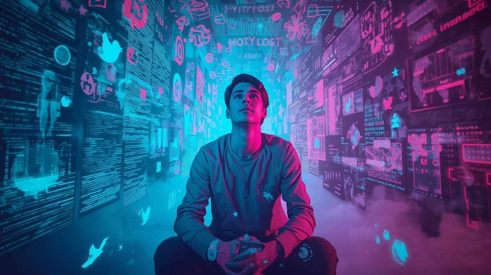 A surreal digital artwork depicting the hothaylost concept, showing a young creator surrounded by glowing holographic screens, glitch art, and internet symbols.