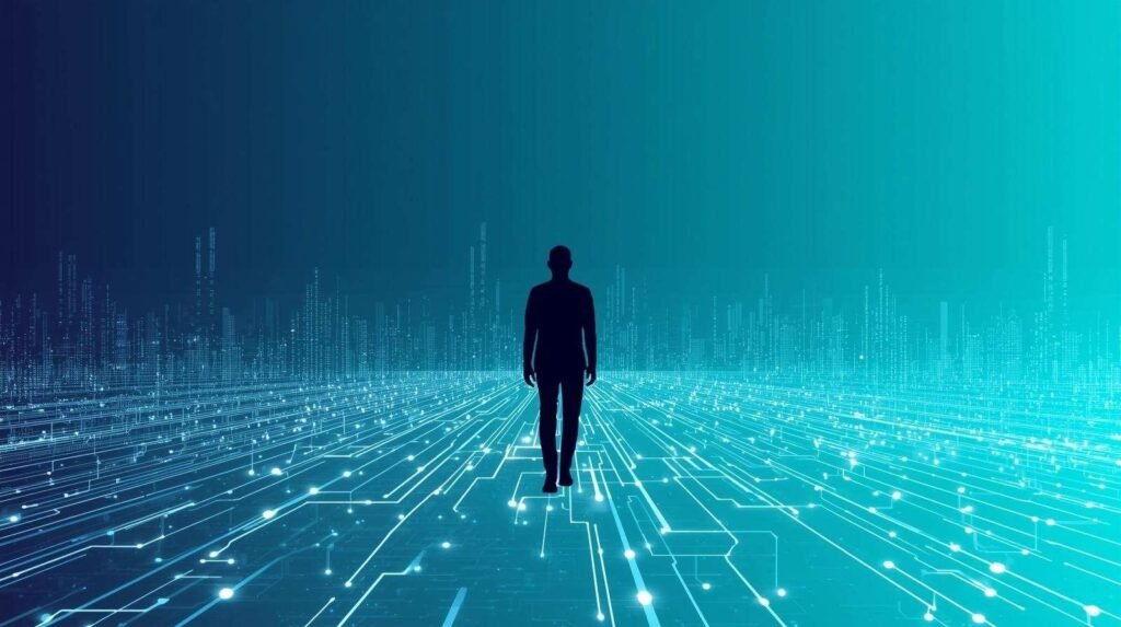 A faceless figure walks through glowing data pathways, symbolizing the hothaylost concept of being lost but inspired in the digital world.