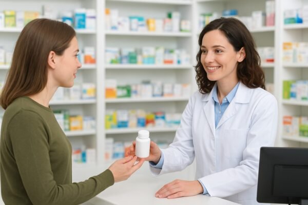 Pharmacist assisting customer with prescription — example for how to market your pharmacy business