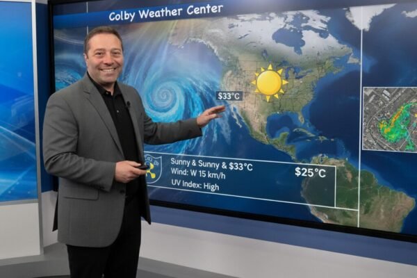 Smiling meteorologist presenting weather forecast on screen at Colby Weather Center – exploring the topic “is AJ Colby married”