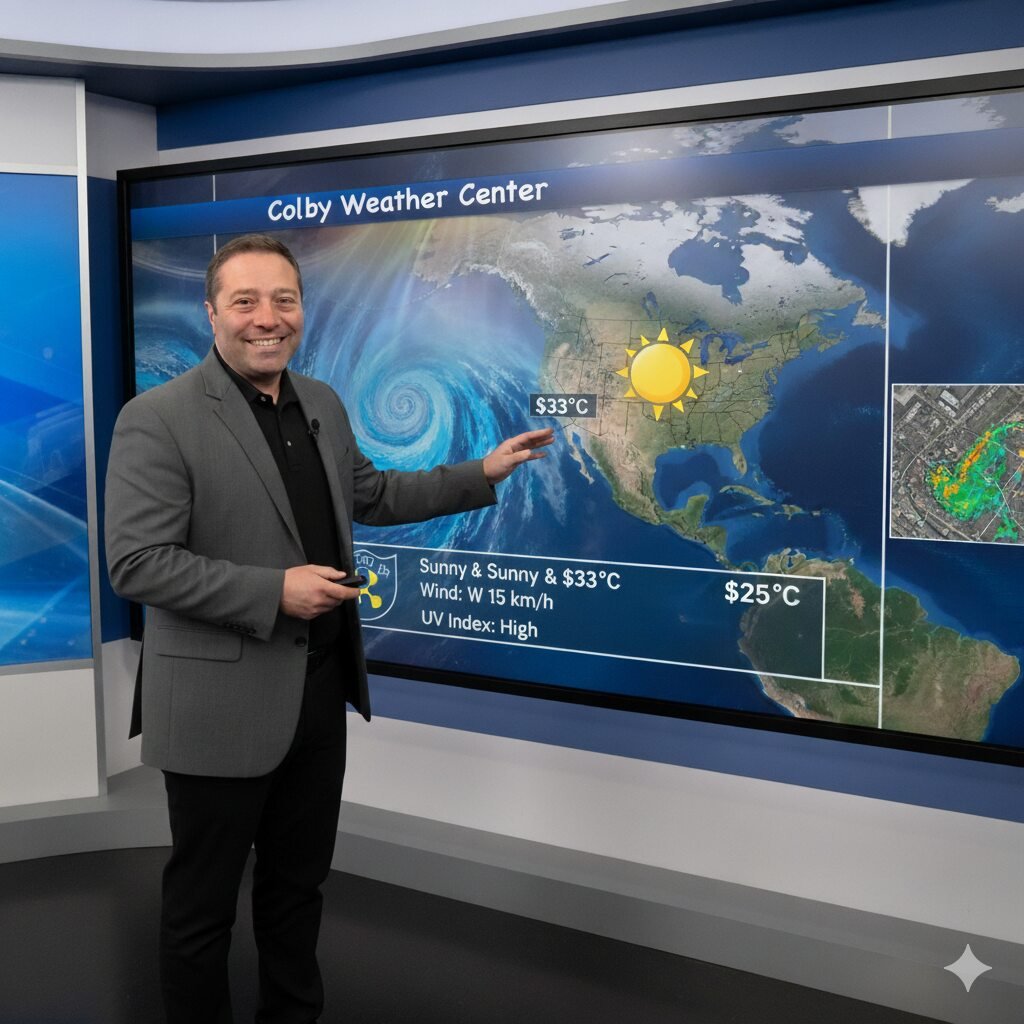 Smiling meteorologist presenting weather forecast on screen at Colby Weather Center – exploring the topic “is AJ Colby married”