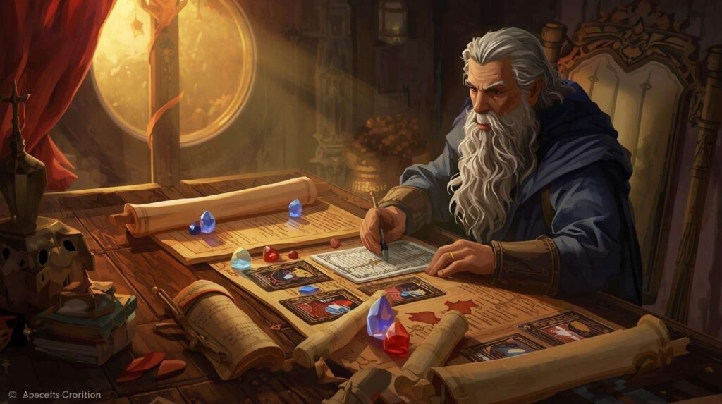 Intelligent mage analyzing the jeskai striker decklist with glowing mana stones, scrolls, and cards on a fantasy study table.