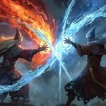 Powerful Jeskai Striker Decklist That Dominates Two powerful mages battling with red and blue elemental magic, representing the balance and strategy of the jeskai striker decklist in Magic: The Gathering.