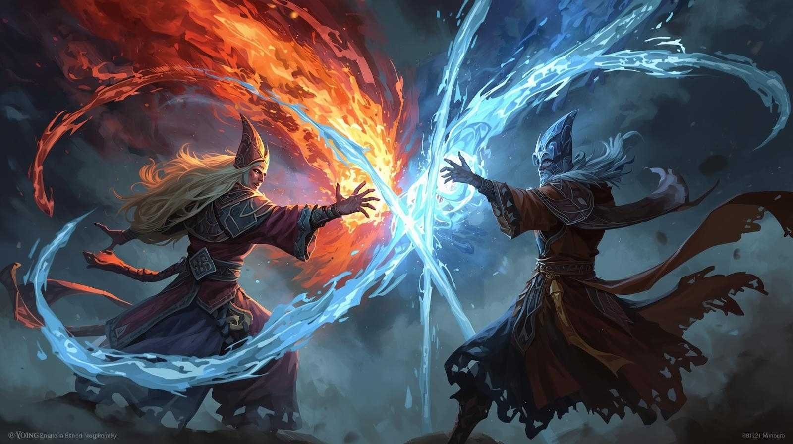Two powerful mages battling with red and blue elemental magic, representing the balance and strategy of the jeskai striker decklist in Magic: The Gathering.