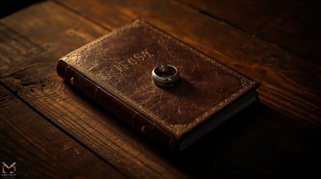 Closed diary and wedding ring on a wooden table symbolizing the mystery of Jonathan Taylor Thomas wife, cinematic warm lighting