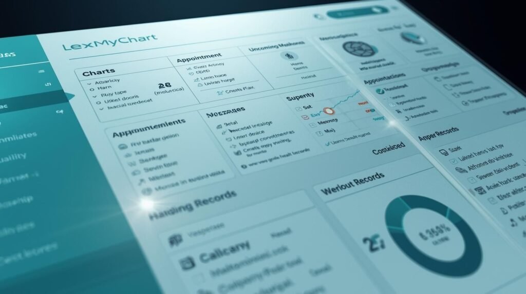 A futuristic digital healthcare dashboard labeled LexMyChart displaying charts, appointments, messages, and health records in a modern teal and white interface.