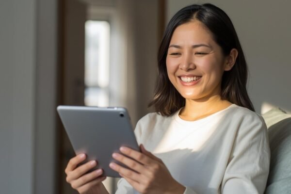 Smiling woman using tablet to access lexmychart for managing healthcare records online.