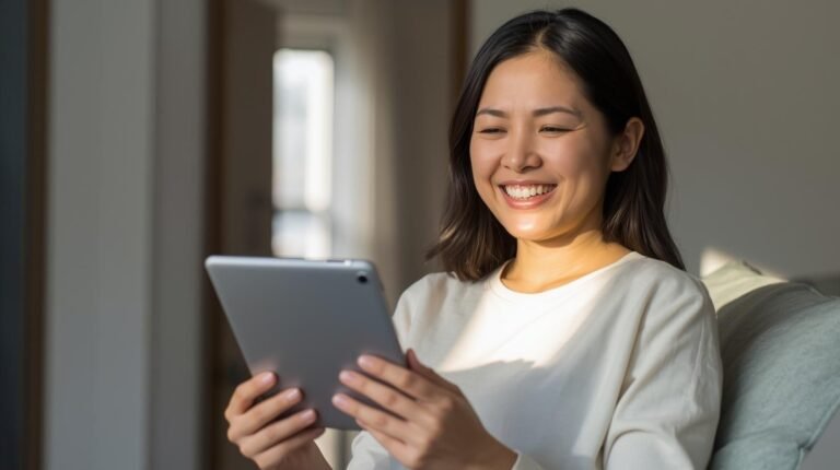 Smiling woman using tablet to access lexmychart for managing healthcare records online.