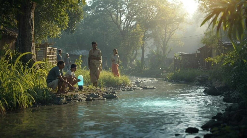 Villagers using portable magsorption water purification devices near a river with glowing blue light in a lush green environment