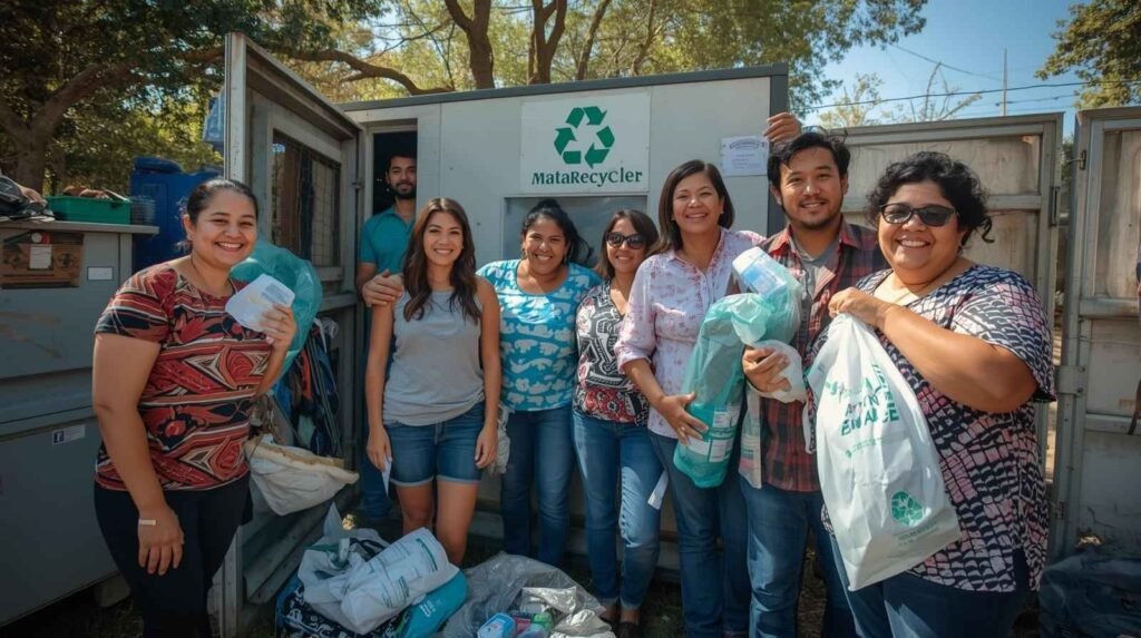 Diverse local community members and engineers standing near a MataRecycler unit, smiling and holding recycled materials in natural sunlight.