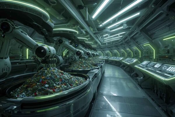 MataRecycler: The Smart Recycling Innovation Transforming Waste Management Futuristic matarecycler robots sorting waste in a high-tech recycling facility with glowing green lights